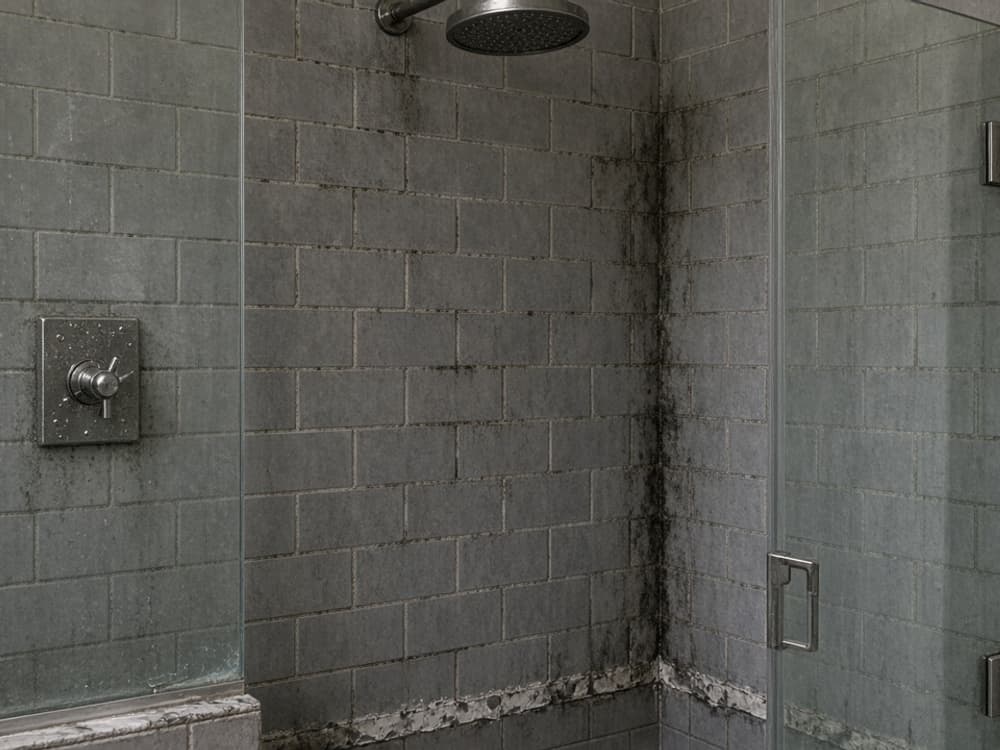 Illustration of a walk-in glass shower enclosure before restoration